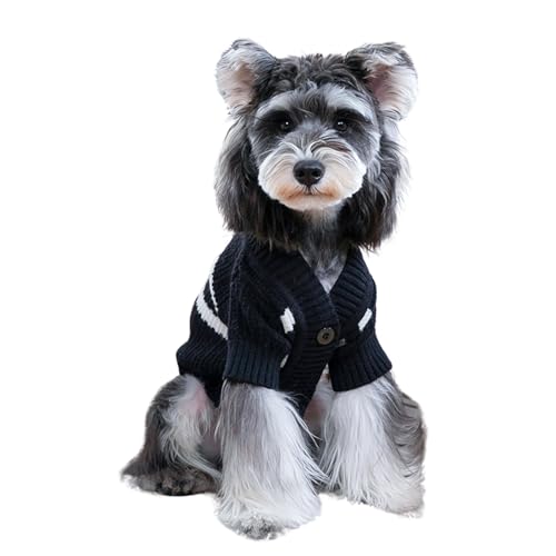 CuteBone Cardigan Striped Knitted Dog Sweater, Arctic Fleece Thermal Dog Winter Clothes for Small Dogs Boy Girl, V-Neck Pet Coat Cat Apparel,Black