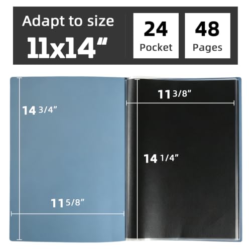 Image of 11x14 Blue Art Portfolio Folder Displaying 48 Pages with Plastic Sleeves | 24-Pocket Presentation Book Binder For Artwork Storage Featuring Dark Inner Paper Inserts Protective Document Archival Holder