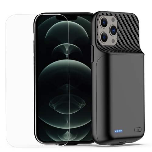 Battery Case for iPhone 12 12 Pro (6.1 inch) 13800mAh High Capacity Battery Charging Case Portable Rechargeable External Charger Case Battery Pack with Tempered Glass Screen Protector Black