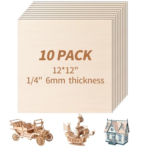 10 Pack-12x12 Basswood Sheets 1/4 for Crafts Inch 6mm Unfinished Basswood Sheets.Plywood Sheets Used for DIY Projects Laser Engraving Wood Burning Staining Model Making & More