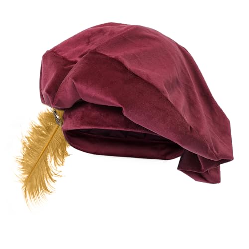 HidmFaw Renaissance Hat Men Tudor Hat Medieval Beret with Feather Ren Faire Muffin Cap Minstrel Costume Accessory (Red)