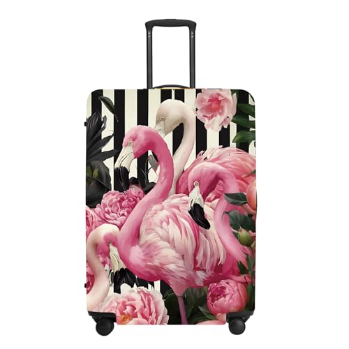 Image of Flamingo Blossom Luggage Cover, Washable Suitcase Protector with Pink Peony Background Anti-scratch for 24 inch,26 inch Bag