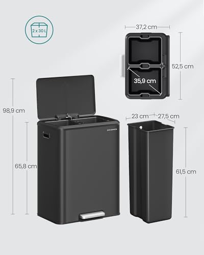 SONGMICS Mülleimer Küche, Mülltrennsystem 2 x 30 L, 2 Fächer für Recycling und Restmüll, Abfalleimer, Inneneimer, Stahl, Softclose-Deckel, breites robustes Pedal, tintenschwarz LTB556B02