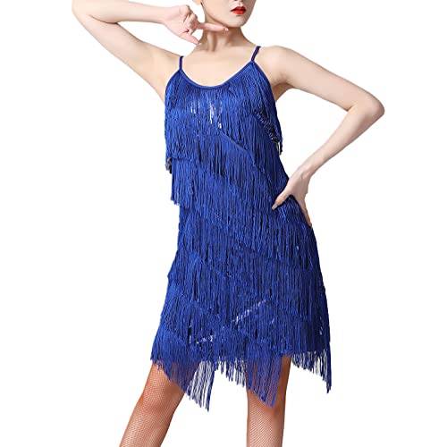 Women's 1920s Tassels Straps Dress Gatsby Cocktail Party Fringed Costume Flapper Dresses Sequins Tassel Sway Dance Cocktail Dress Rumba Latin Ballroom Salsa Cha Cha Dress Royal Blue Small