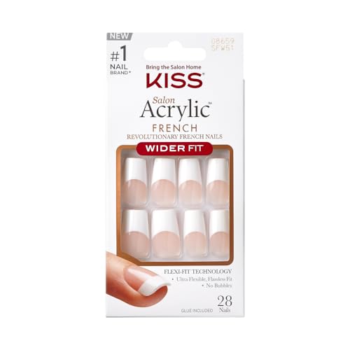 KISS Acrylic French False Nails Kit, Long Coffin Wide Fit Design Nail, Classic White Color French Tip Nails, Ready to Wear Gel & Manicure Stick Included, Long-Lasting Convenient & Easy to Apply