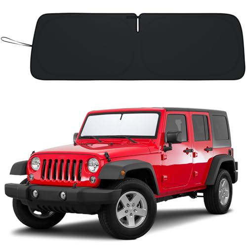 Image of Windshield Sun Shade for Jeep Wrangler JK 2007-2018, Foldable Heat Shield with UV Protection, Custom Fit for 2 /4 Door Models, Car Window Visor Accessories