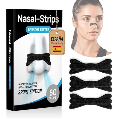 50 Tiras Nasales Deportivas Negras y Antironquidos, 50 Unidades, Mejora la Respiración al Dormir, Correr y Mejora tu Rendimiento, Adhesivas, Cómodas y Efectivas Antirronquidos