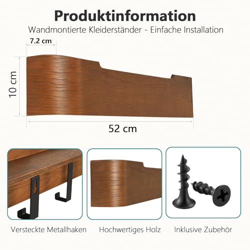 Jadoxy Perchero de pared | Perchero de pared con ganchos ocultos | Perchero moderno con ganchos ocultos para ropa y estante | Perchero de pared con estante | Perchero de pared (Nogal, 4 ganchos) - imagen 3