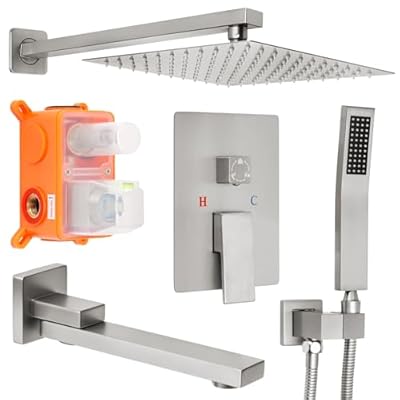 10 inch Brushed Nickel Shower Faucet Set, Stainless Steel Rain Shower System with Tub Spout, All Metal Wall Mounted Shower Faucet for Bathroom (With Shower Valve)