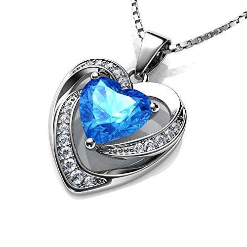 DEPHINI - Collier en argent 925 – Pendentif cœur en cristal aqua – Bijoux fins – Chaîne en argent plaqué rhodium de 45,7 cm – Oxyde de zirconium – Cadeaux pour femmes, Argent sterling