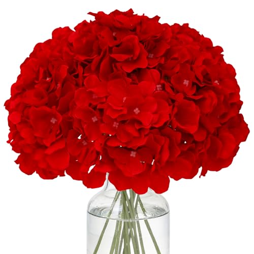 FLORRALIA Fake Red Hydrangea Artificial Flowers - Faux Silk Hydrangeas Flowers Heads with Stems Real Touch for Home Wedding Party Table Decor(Red Pack of 10)