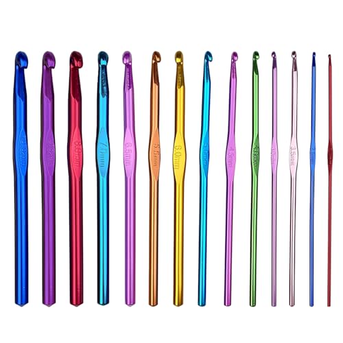 Juego de 14 Ganchillos de Aluminio Multicolor,Set de agujas de ganchillo para tejer, herramientas manuales para principiantes y profesionales (2mm - 10mm)