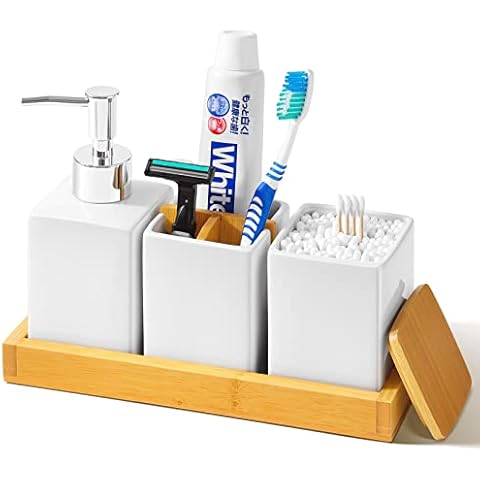 VITVITI Bamboo Bathroom Accessories, White Bathroom Organizer Countertop, Soap Dispenser and Toothbrush Holder Set, Vanity Tray for Bathroom, 4 Pieces Ceramics Decor Cover