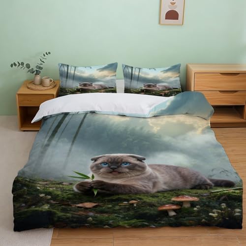 Funda Nórdica con Scottish Fold Ultra Suave Microfibre Juego De Ropa De Cama Bambú Bosque con Funda De Almohada para Niños Y Adolescentes - Dormitorio Single（135x200cm）