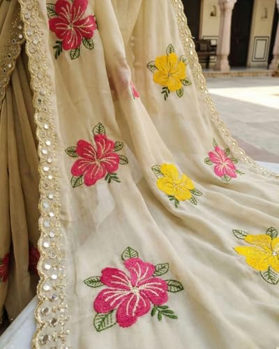 Image of Handcrafted Floral Embroidered Saree with Contrast Blouse