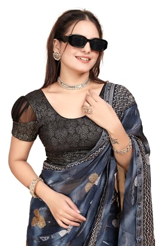 Image of SFT Women's Organza Patch Readymade Saree Blouse with Round Neck Half Sleeves Abstract Pattern Pull On Closure Regular Fit and Standard Length
