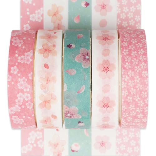 Ynkkvre Washi Tape,5 Rollen Washi Klebeband Set Dekoratives Washi-Tape für Scrapbooking, DIY Journal Set, Handwerk, Geschenkverpackung, Malerei,10 mm Breit (Sakura)