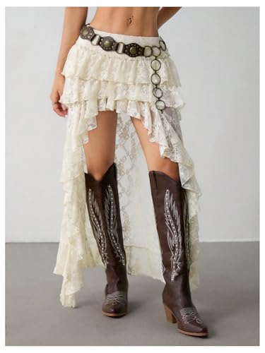 Verdusa Women's Concert Outfits Sheer Lace Tiered Layered High Low Cowgirl Skirts Boho Western Ruffle Skirt4