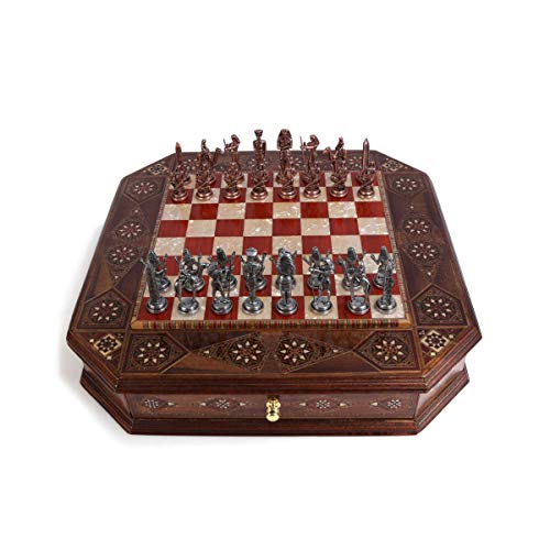 40% Off Discount Egypt Pharaoh Antique Copper Figures Metal Chess Set for Adult, Handmade Pieces and Natural Solid Wooden Chess Board with Pearl and Rosewood Patterned on Board and Storage Inside King 3.4inc