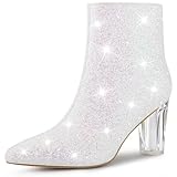 Perphy Clear Heel Sparkly Glitter Block Heels White Ankle Boots for Women 9 M US