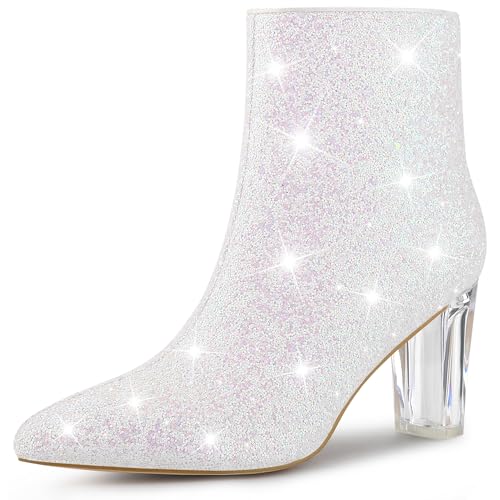 Perphy Clear Heel Sparkly Glitter Block Heels Ankle Boots for Women