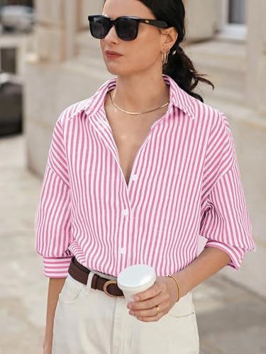 Image of IndoPrimo Women's Classic Fit Striped Print Poly Cotton Shirt with 3 /4 Sleeve Mandarin Neck Standard Length and Button Down Closure Type