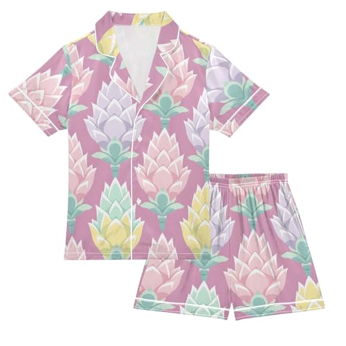 Satin Pajama Sets Short Sleeve Floral Pattern with Soft Artichoke Button Down Silky Nightwear 2 Piece PJS 5-14Y
