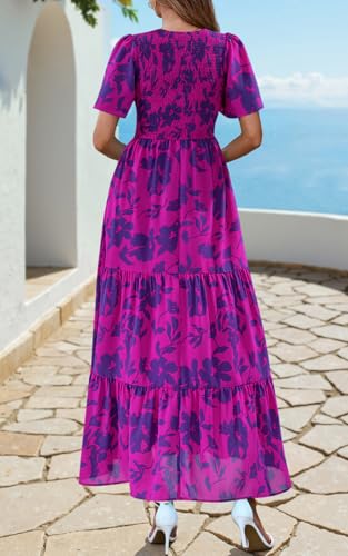 Image of PRETTYGARDEN Women's 2026 Summer Casual Flutter Short Sleeve Boho Floral Maxi Dress Crew Neck Smocked Tiered Long Dresses