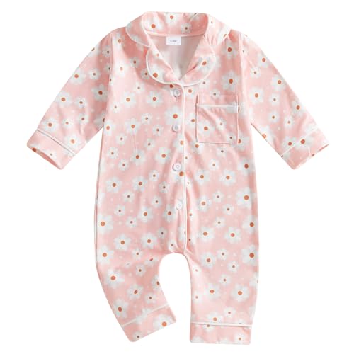 Image of MAHUAOYIXI Newborn Baby Girl Bodysuits Flower Print Lapel Neck Long Sleeve Romper Pants Button Down Playsuit One Piece Outfit for Infant Girls Full Length Jumpsuit Daywear (Pink, 12-18 Months)