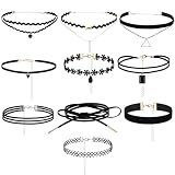 Heclia 10 Sets Schwarz Halsketten-Set Choker Set aus Spitze und Samt mehrlagig klassisches Choker Set Chokers Halskette Samthalsband für Damen verstellbar Gothic Punk Elastische Tattoo-Halsband