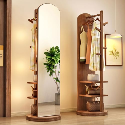 360° Rotating Full Length Mirror with Solid Wood Coat Rack - Stylish 2-in-1 Space-Saving Floor Mirror and Hanger for Bedroom, Living Room & Entryway