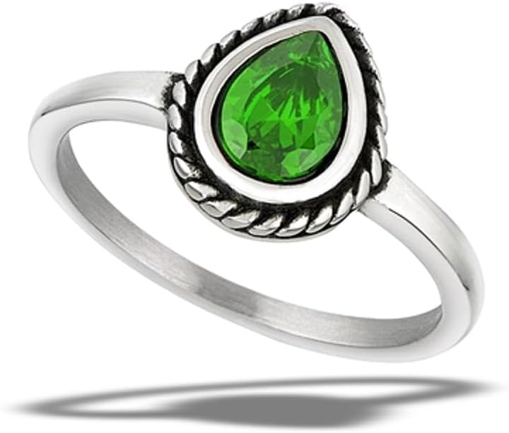 Sac Silver Teardrop Simulated Emerald Promise Ring Stainless Steel High Polished Band Sizes 6-10