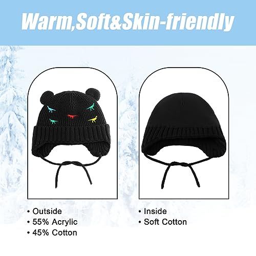 BAVST Baby Beanie Hat for Winter with Earfalp Cute Bear Kids Toddler Girls Boys Warm Knit Cap 0-2Years D-Black