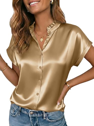 Funlingo Blouses for Women Dressy Casual Short Sleeve Button Down Shirts Summer Ruffle Collared Silk Satin Tops Business Work Clothes Khaki XS