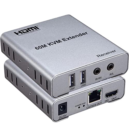 Image of 60M USB KVM HDMI Extender, with 1080P R /L Audio by CAT5E Cat6 RJ45 Ethernet Cable Transmitter Receiver Audio Video Converter PC Laptop to TV Monitor