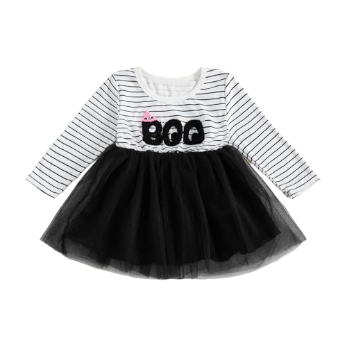 Toddler Girl Halloween Outfit Boo Embroidery Striped Long Sleeve Tulle Dress Infant Party Dress Fall Winter Clothes