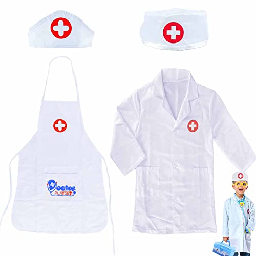 Mikqky 4 Piezas Disfraz Enfermera Niña, Disfraz Medico Niño, Disfraz Enfermera Halloween Niña, Delantal de Enfermera + Sombrero Accesorios de Doctor Niñas Niños Niños Regalos de Juguetes