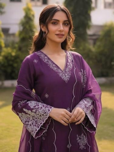 Image of SHIENZY Women's Embroidered Kurta Pant Set with Dupatta | Straight Kurta Set for Women | Ethnic Kurta Set for Women, Traditional Indian Kurta Pant Dupatta Set
