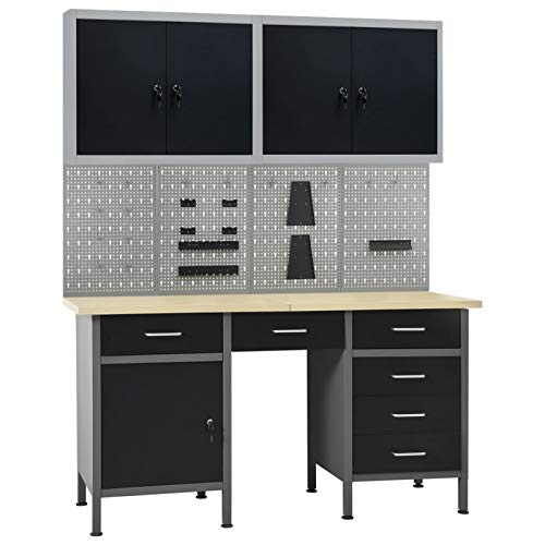 Snsowed Banco de Trabajo con Cuatro Paneles de Pared y Dos armarios, Banco De Trabajo, Mesa De Trabajo, Mesa Trabajo Taller, Banco Herramientas