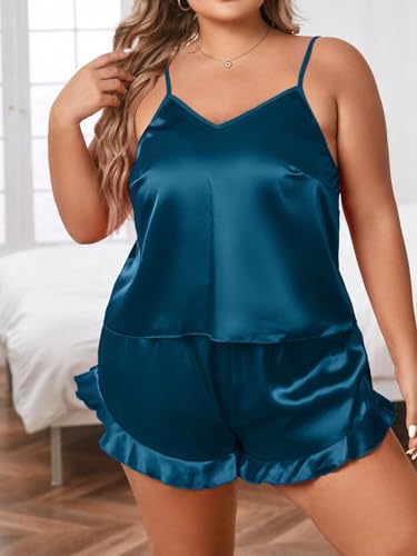 Image of SOLY HUX Women's Plus Size Silk Satin Pajama Set Cami Top and Ruffle Hem Shorts Lounge Sleepwear