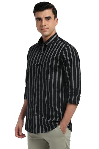 Image of Peter England Men's Cotton Slim Fit Distant Striped Casual Shirt | Full Sleeves, Office Wear