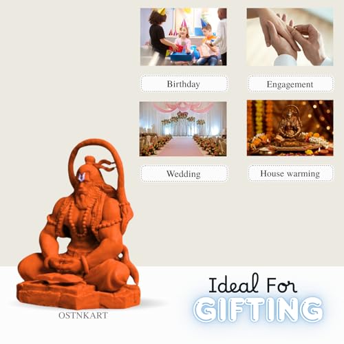 Image of Hanuman Murti - 3.5 Inch Orange Polyresin Idol for Car Dashboard, Home & Office Decor - Spiritual Statue for Living Room, Birthday, Diwali, Housewarming Gift