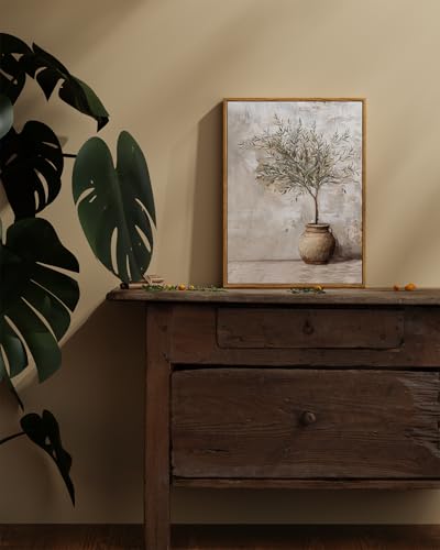 Image of ARPEOTCY Vintage Framed Canvas Wall Art, 12x16inch, Farmhouse Olive Tree in Vessel Wall Decor, Still Life Art Prints Home Decorations, Botanical Paintings for Living Room Bedroom Office Decor