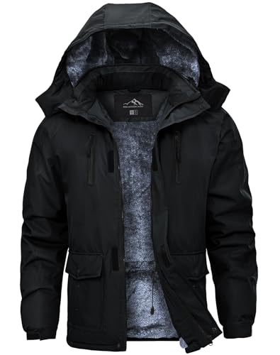 Tansozer Skijacke Herren Winter Wasserdichte Outdoorjacke Warme Parka mit Fell Thermo Arbeitsjacke Fleecejacke mit Kapuze, Schwarz, S