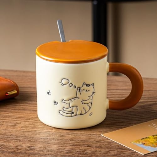 FLYILIA 猫 マグカップ コーヒーカップ ねこ 陶磁器 蓋付き スプーン付き 取っ手付き マグ ティーカップ コップ コーヒーマグ おしゃれ 可愛い 耐熱 耐冷 食器 シンプル ティータイム 朝食用 コーヒーブレイク オフィス用 子供用 男性用 女性