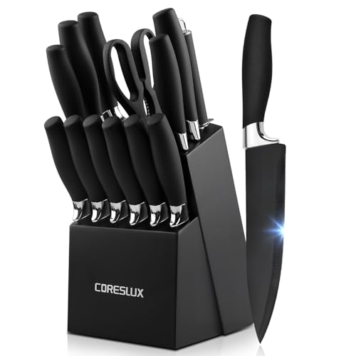 CORESLUX Messerblock mit Messer 15-teilig, Scharf Edelstahl Messerset Set mit