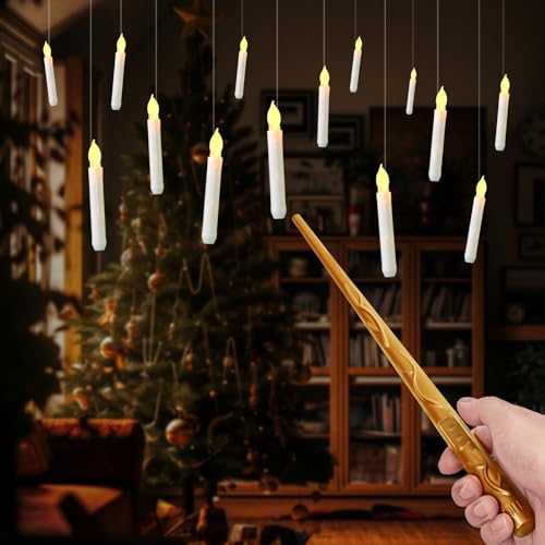 Image of Raycare Floating Candles with Wand, 12 Pcs Magic Hanging Candles Flameless, Flickering Warm Light LED Taper Candle with Wand Remote, Battery Operated Window Candle for Halloween Witch Wizzard Decors