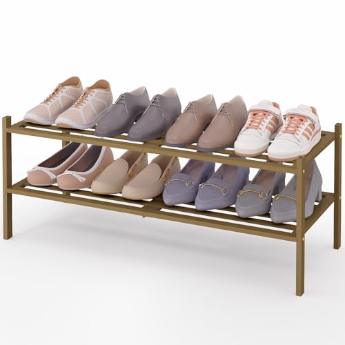 Image of Smiry Bamboo Shoe Rack, 5 Horizontal Slats, 2 Tier - 33.9 inch Wide, Walnut