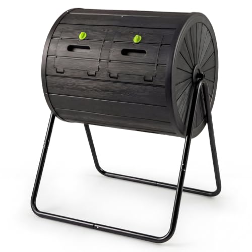 COSTWAY Composteur de Jardin 142 L à Double Chambre, Bac à Compost Cadre en Métal Rotatif 360° avec 2 Portes Verrouillables sans BPA, pour Déchets de Cuisine Cour Jardin (Noir)