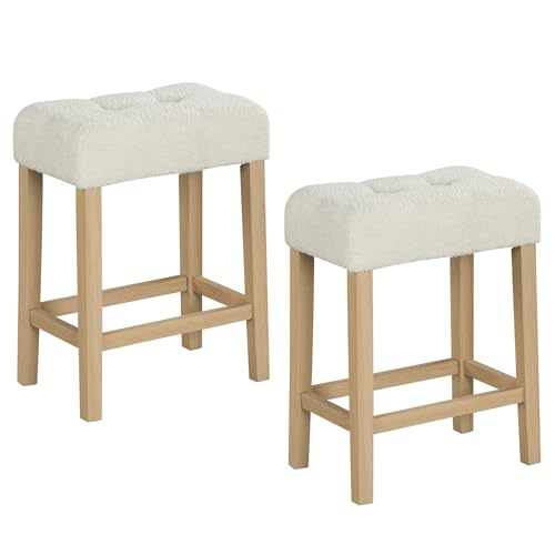 Image of GIANTEX Sherpa Bar Stools Set of 2, 24 inch Counter Height Bar Chairs | Upholstered Counter Height Backless Bar Chairs with Footrest and Wood Legs for Kitchen Island, Dining Room, Cafe